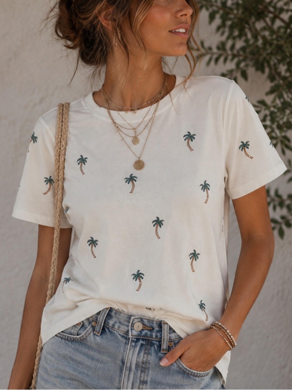 Marled Cream Tee with Green Palm Tree Print - Women's Short Sleeve
